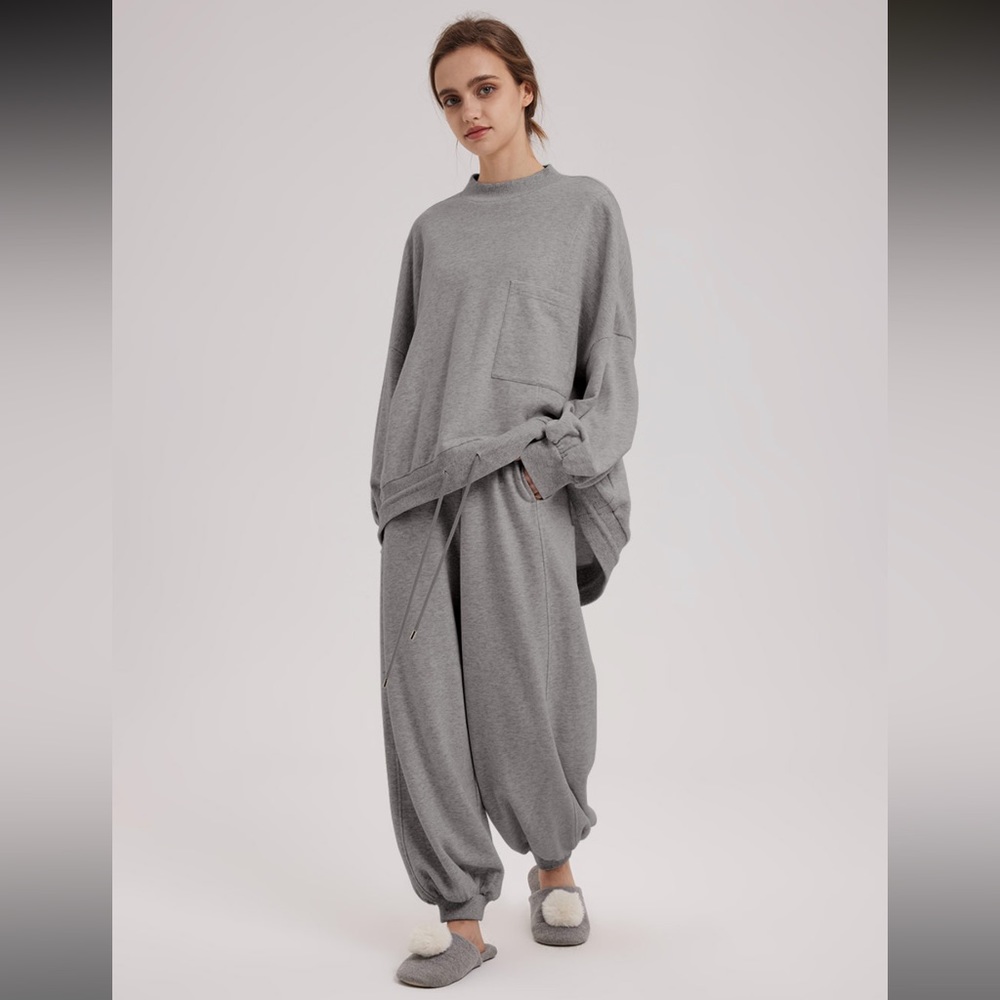 Nap Loungewear Cotton Track Set Balloon Sweatpants Mock Neck Sweatshirt Grey XL